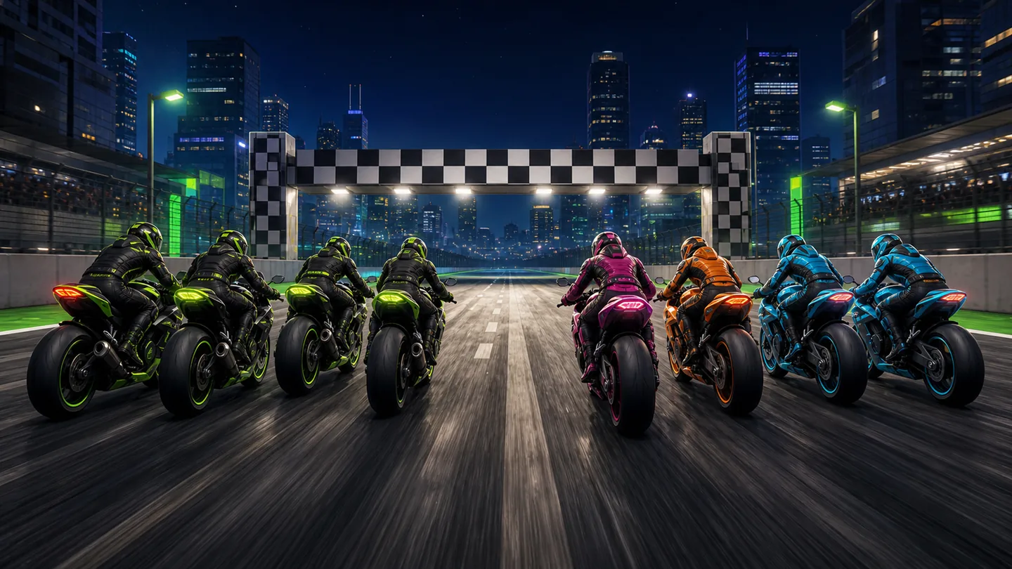 A field of riders surges toward the illuminated finish at night